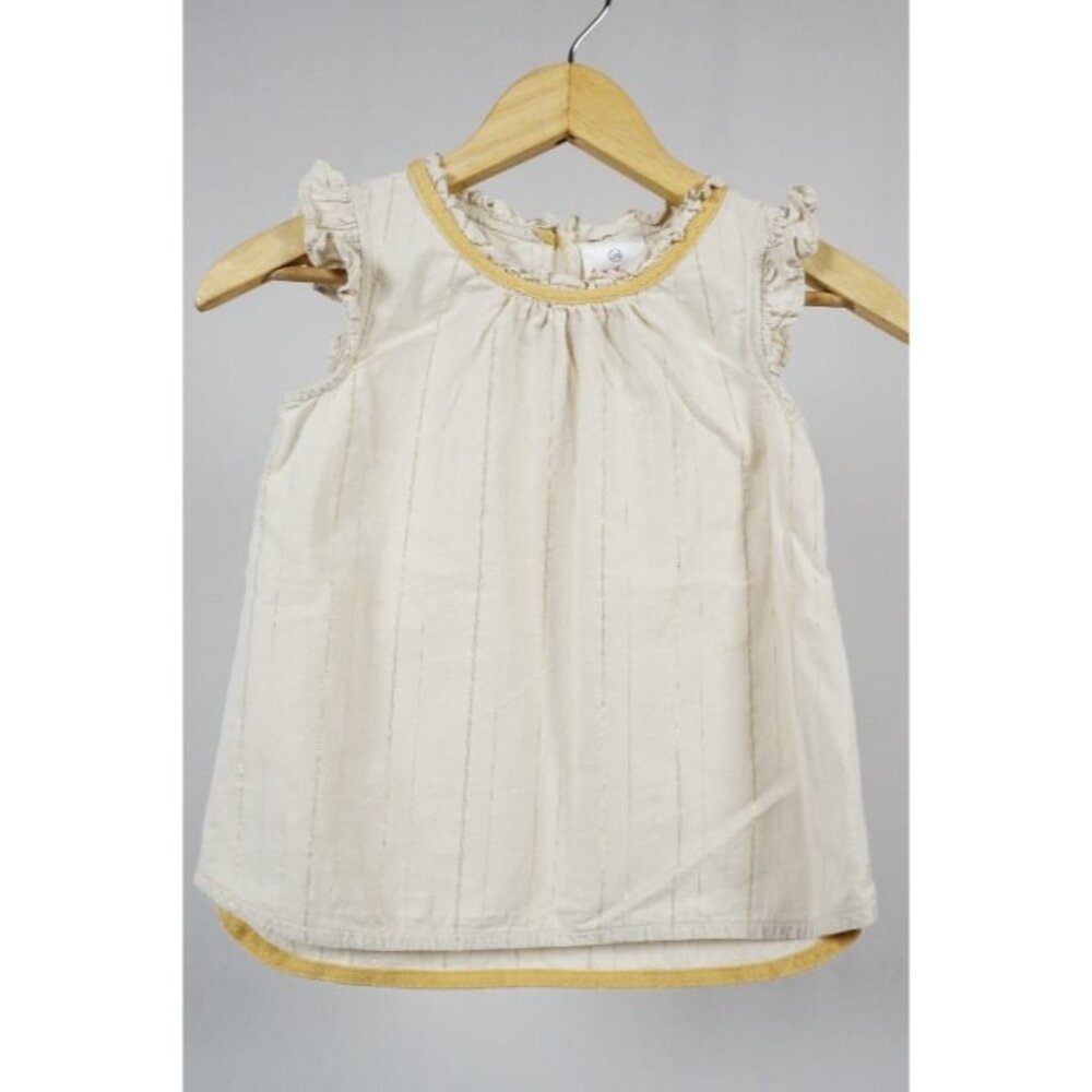Hanna Andersson Gold Thread Tan Khaki Ruffle Trim Sleeveless Shirt 120 Small